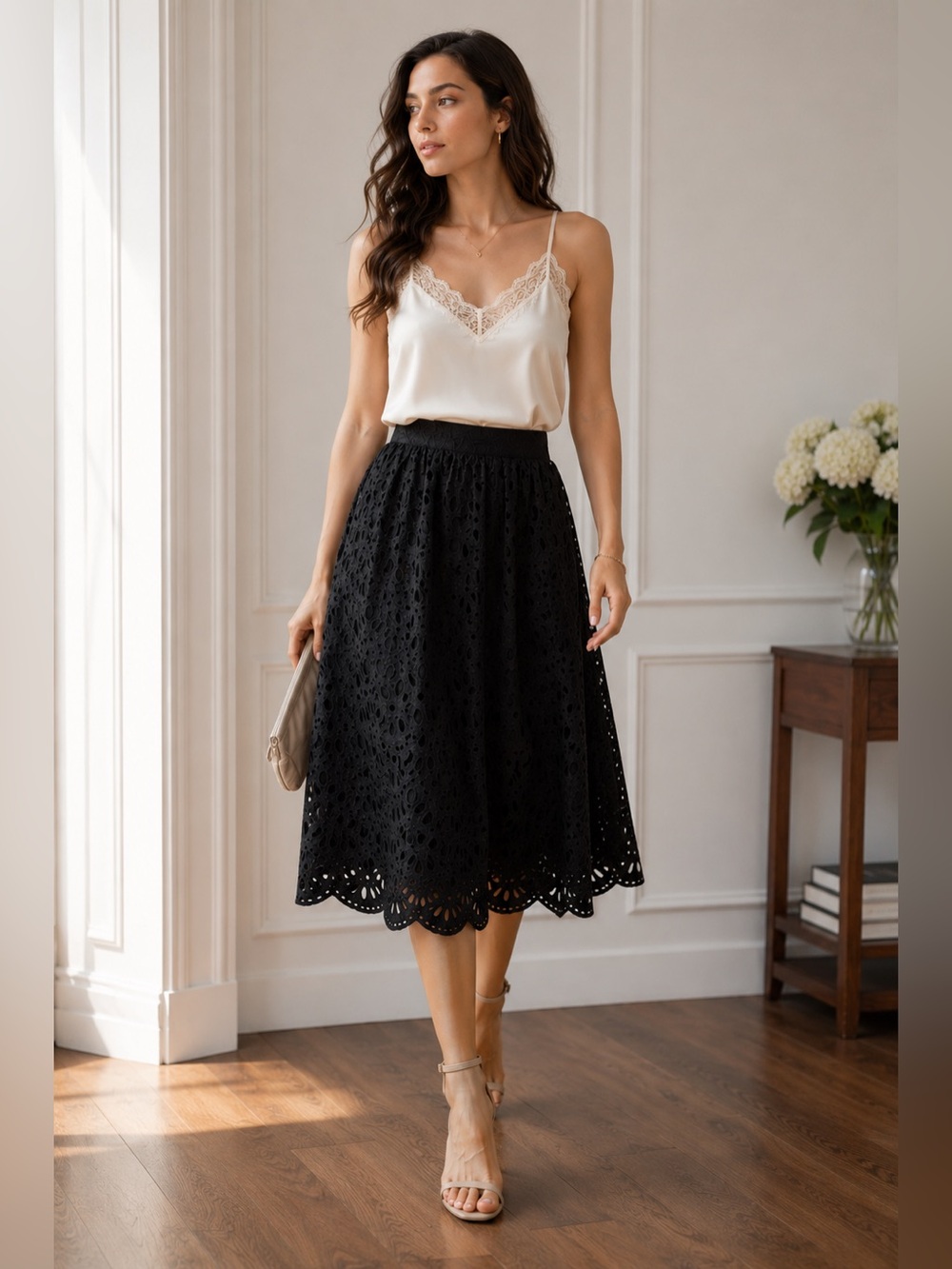 Ann Taylor Black Cotton Broderie Eyelet A-Line Skirt Size 2 Scalloped Hem